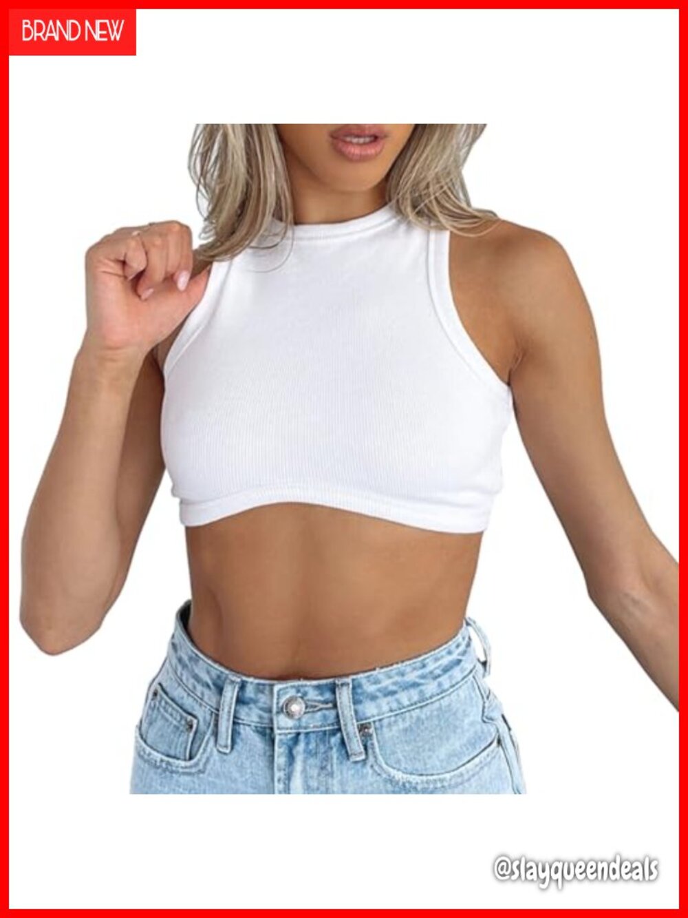 Ribbed Knit Sleeveless Crew Neck Crop Tank Top Fitted